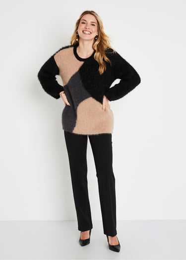 Pull doux colorblock maille poilue Noir/Beige