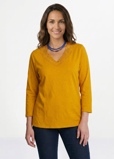T-shirt manches 3/4 coton et macramé Miel