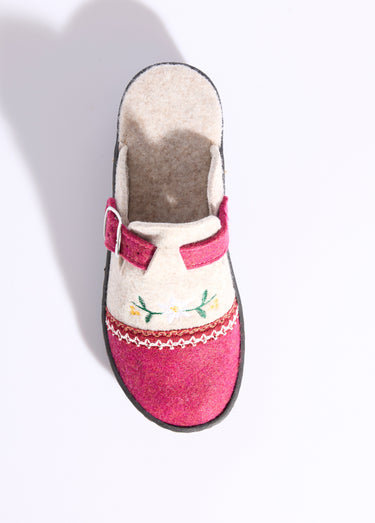 Chaussons mules brodés largeur confort Beige/Bordeaux