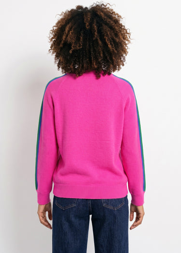 Pull col V manches lignes multicolores Fuchsia