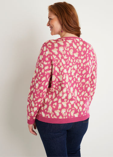 Pull motif léopard col rond Rose
