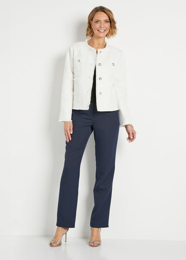 Veste sans col boutonnée courte tissu natté uni Ecru