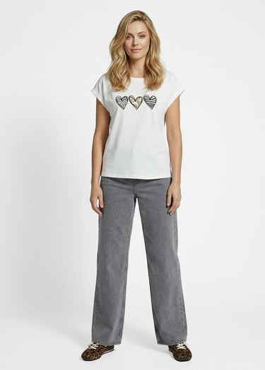 T-shirt coton avec 3 coeurs fantaisie Blanc