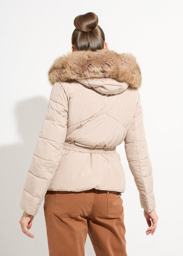 Doudoune courte ceinturée capuche fourrure Beige