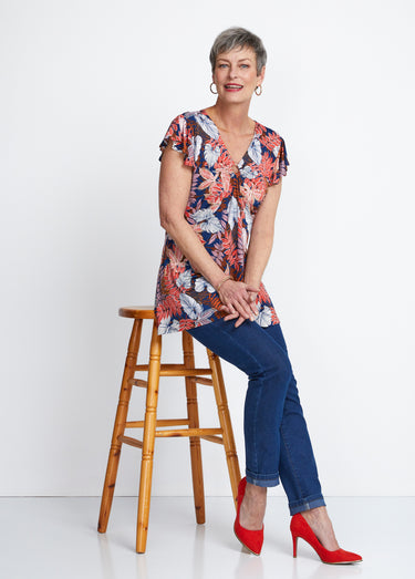 Tee-shirt long col V effet drapé Orange/Marine