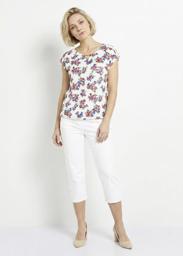 T-shirt blousant col bijou fleuri Fond Blanc