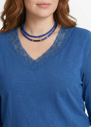 T-shirt manches 3/4 coton et macramé Bleu