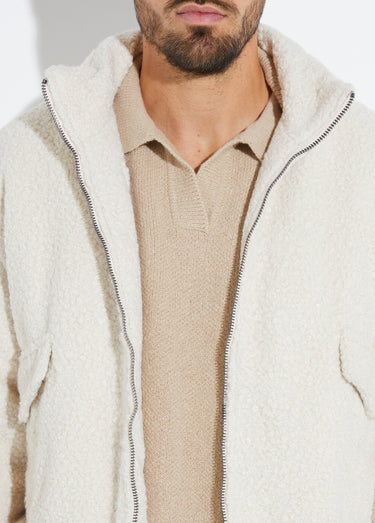 Blouson façon peau lainée, col montant Beige