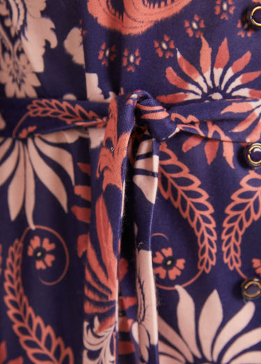 Robe boutonnée mi longue satinée col tailleur Marine/Rose