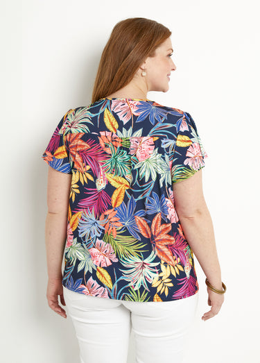 T-shirt ample col V imprimé feuilles manches courtes Marine/Rose