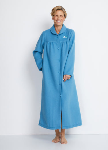 Peignoir boutonné long molleton brodé col châle Bleu Canard