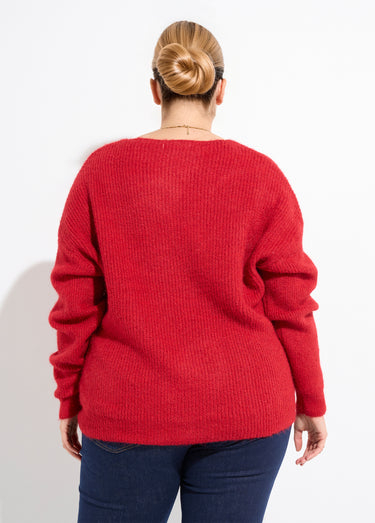 Pull col V maille mousseuse avec laine Rouge