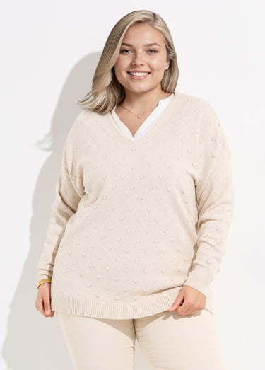 Pull col V maille fantaisie à pois Ecru
