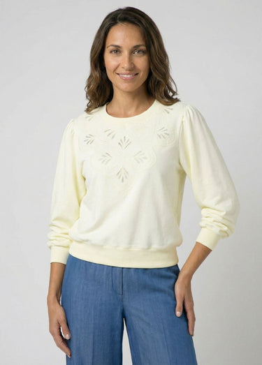 Sweat molleton pur coton brodé ajouré Jaune