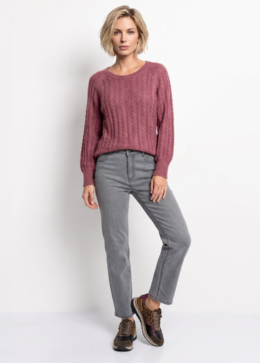 Pull doux maille irisée torsadée ajourée laine Cassis