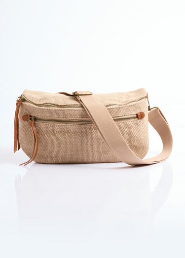 Grand sac banane en jute + détails cuir Beige