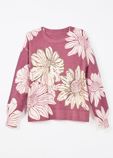 Pull fin imprimé fleurs sequins col rond Grenat