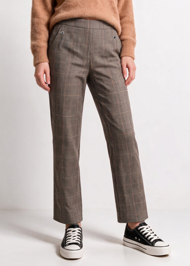 Pantalon droit taille semi élastiquée Carreaux Beige
