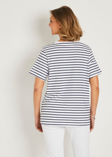 T-shirt rayé col V avec broderie cœur Raye Bleu