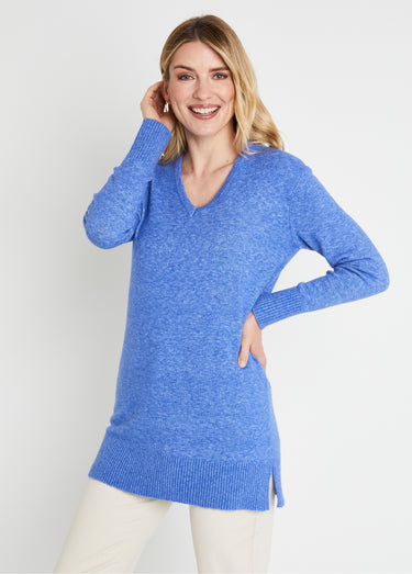 Pull tunique chiné long col V avec laine Bleu