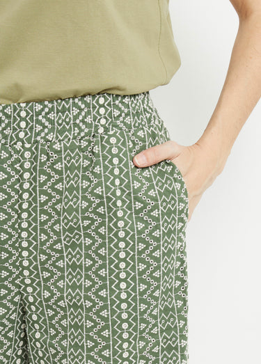 Pantalon large coton, broderie anglaise Kaki