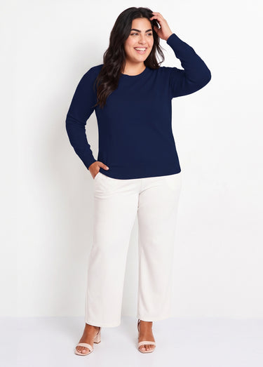 Pull laine mérinos manches longues Marine