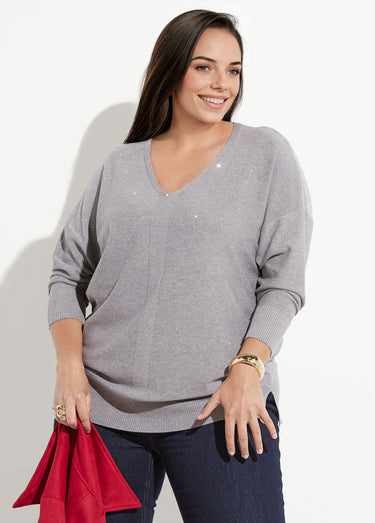 Pull maille fine jauge avec mini sequins Gris