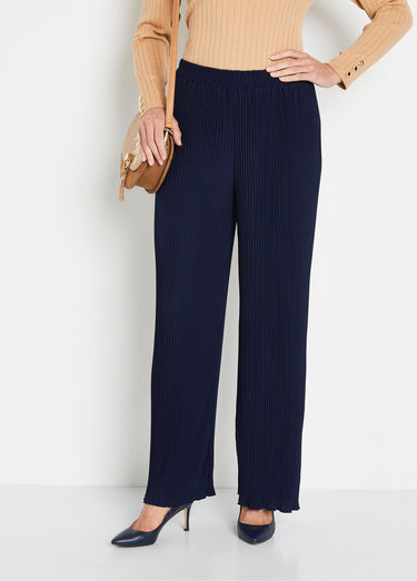 Pantalon large taille élastiquée maille plissée Marine