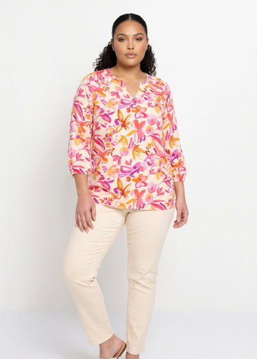 Tunique ample longue fleurie manches 3/4 Orange/Rose