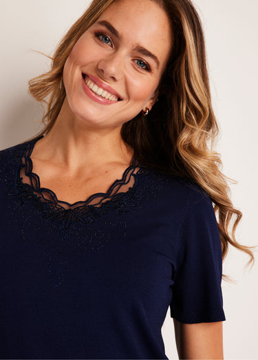 Pull fin brodé manches courtes Marine