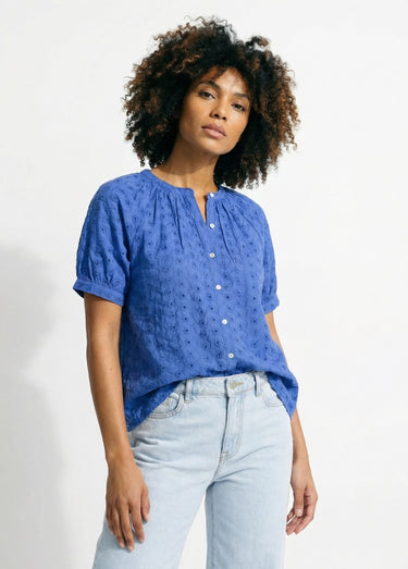 Chemisier ample coton brodé sans col Bleu