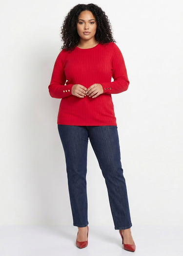 Pull doux côtelé court col rond côtes plates Rouge