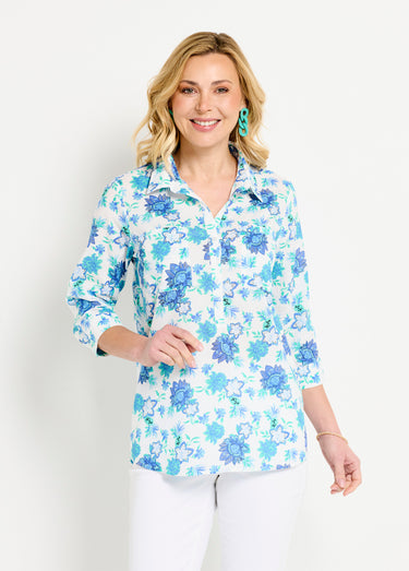 Chemisier boutonné long coton imprimé fleurs Imprime/Bleu