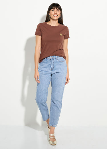 T-shirt col rond broderie coeur poitrine Marron