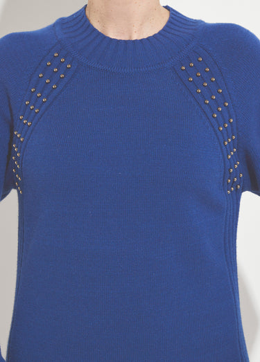 Robe-pull col montant détails côtelés perlés Bleu