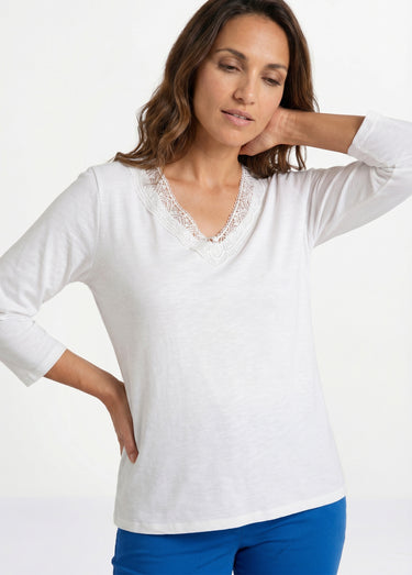 T-shirt manches 3/4 coton et macramé Blanc