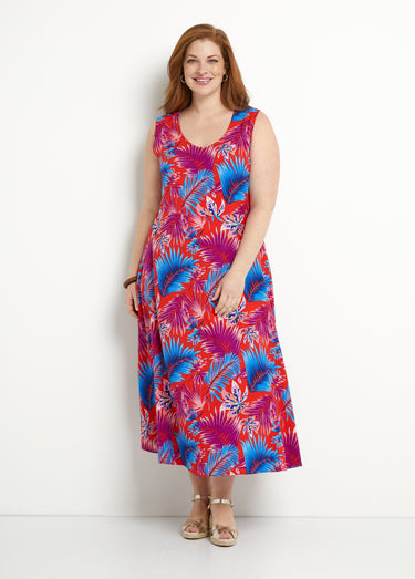 Robe longue sans manches évasée imprimé feuillage Rouge/Bleu