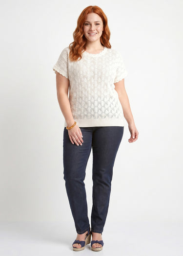 Pull coton court col rond ajouré effet crochet Ecru