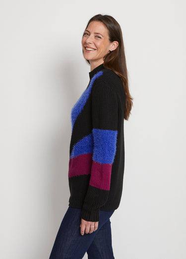 Pull graphique mailles perlée et poilue Bleu/Fuchsia
