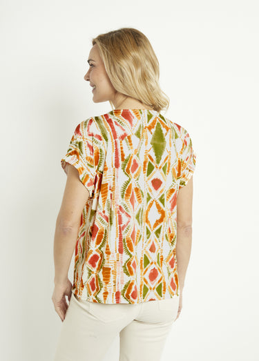 T-shirt col V ample manches courtes Vert/Terracotta