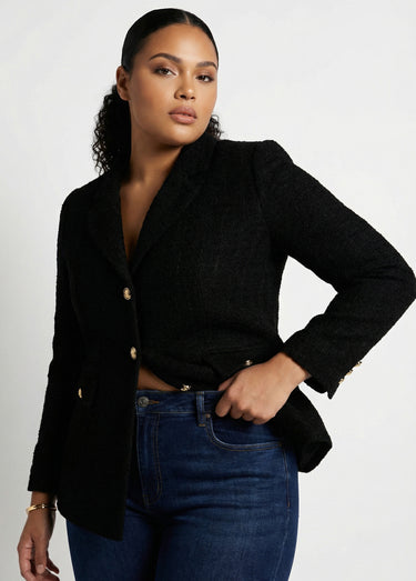 Veste droite boutonnée tissu natté col tailleur Noir