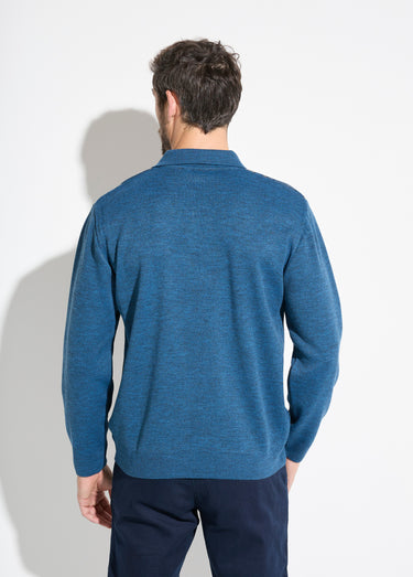 Pull col polo zippé jacquard rayé laine Bleu