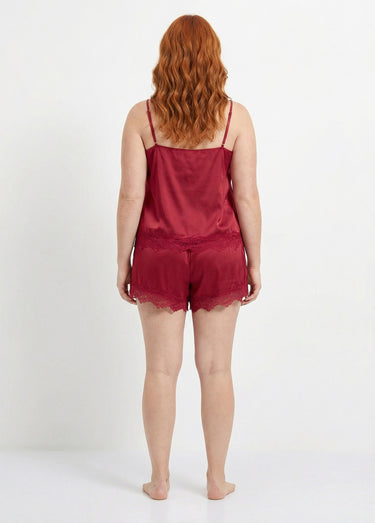 Ensemble top + short satin et dentelle Bordeaux
