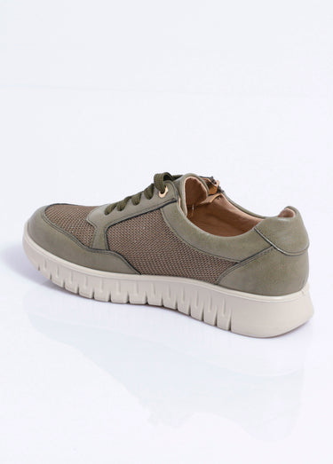 Baskets bi-matière lacées et zippées largeur confort Kaki