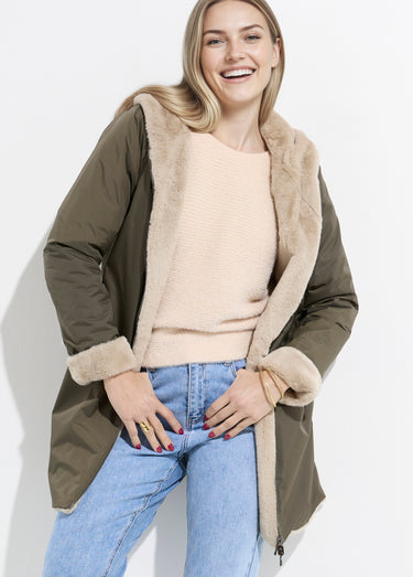 Parka réversible déperlant / fourrure 1 Kaki/Beige