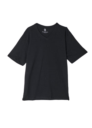 T-shirt col V en coton et viscose Noir