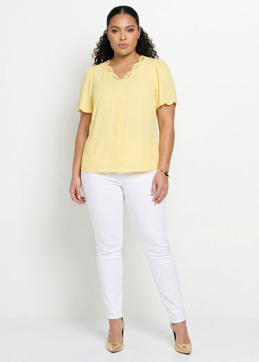 Tunique longue brodée manches courtes unie Jaune