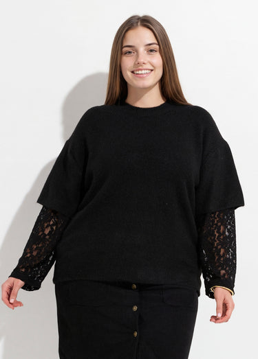 Pull chaud avec laine, manches dentelle Noir