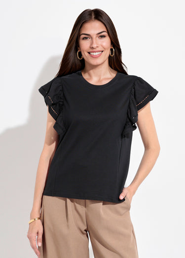 T-shirt manches courtes volantées ajourées Noir