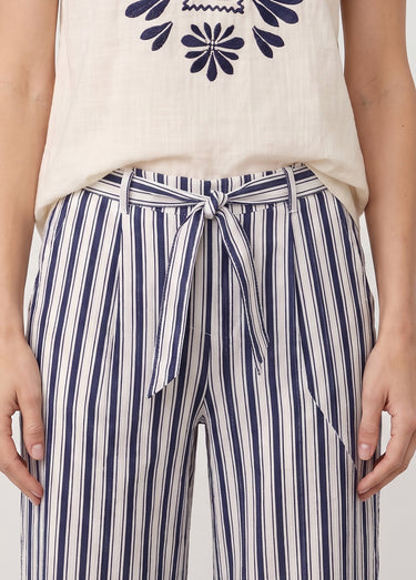 Pantalon rayé ceinturé, fils métallisés Marine/Ecru